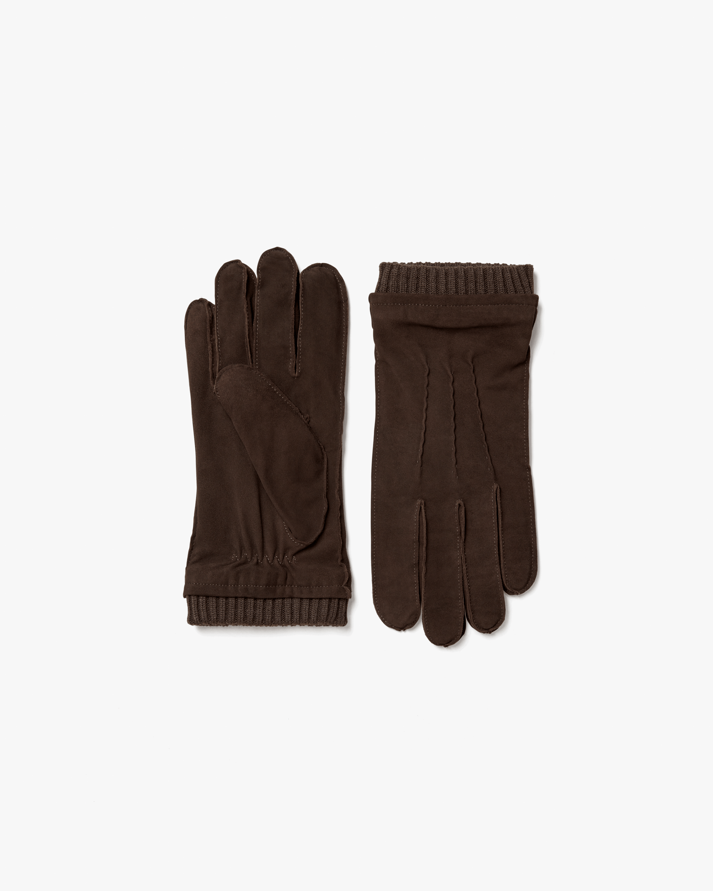 A pair of men's gloves in dark brown suede, featuring a soft matte finish, subtle stitching, and ribbed knitted cuffs for a secure fit, displayed flat on a white background.