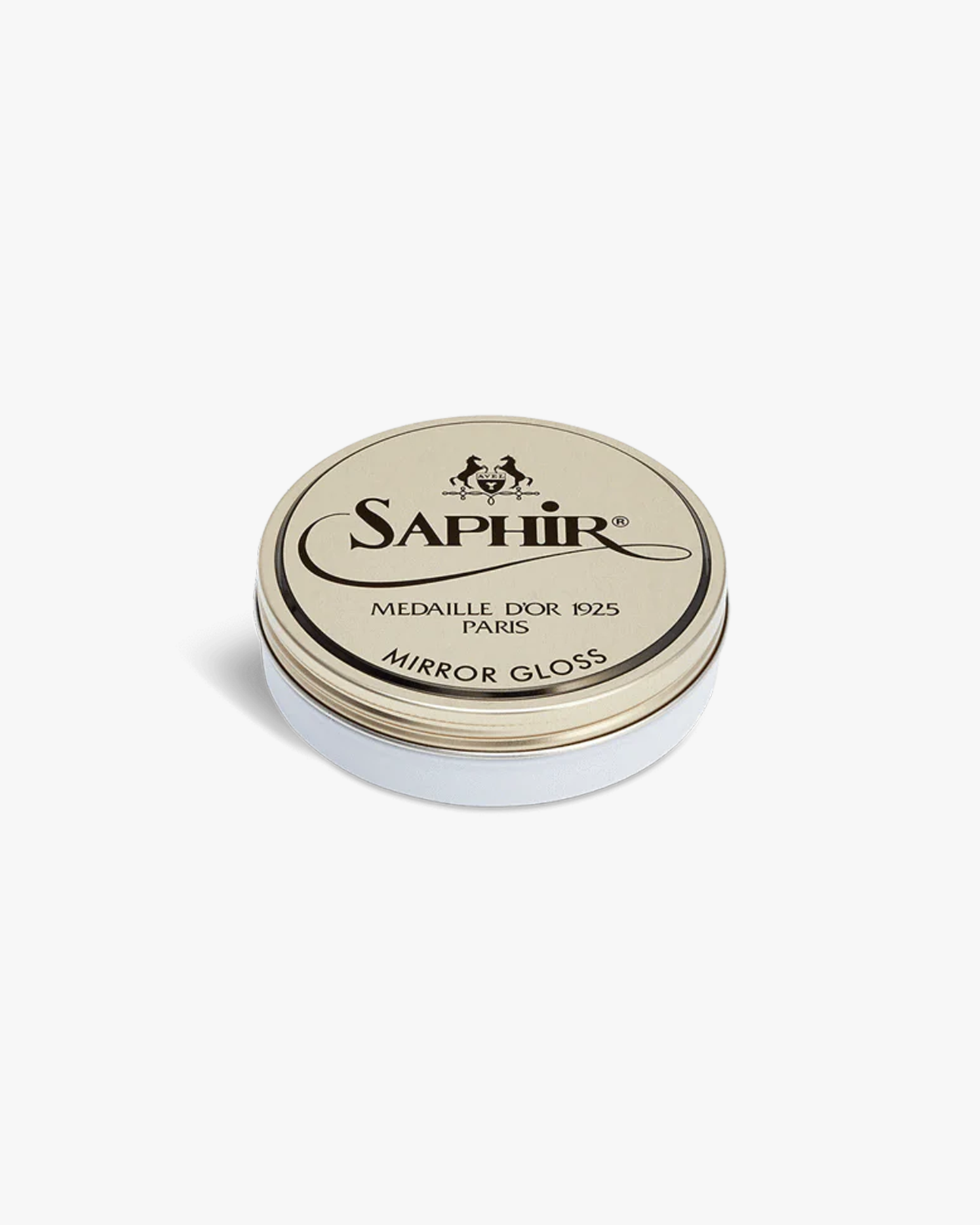 A tin of Saphir – Mirror Gloss shoe polish against a white background.