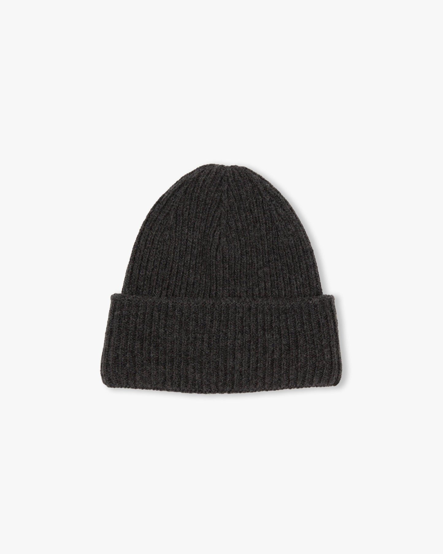 A studio shot of the Myrqvist Hat – Merino/Cashmere – Dark Grey, showing its ribbed knit texture and folded cuff.