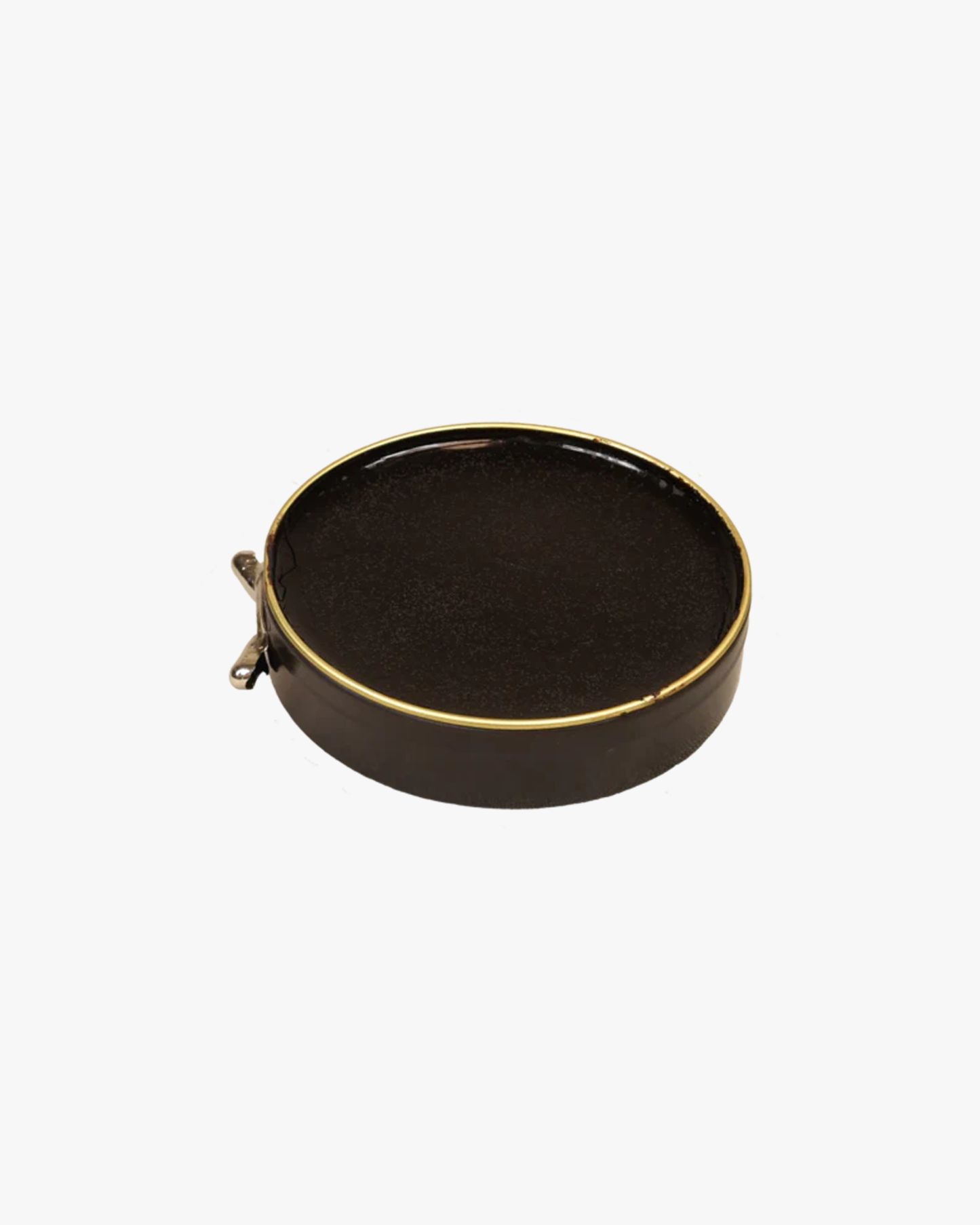 An open tin of Saphir – Pâte de Luxe shoe wax in dark brown, photographed on a clean white background.