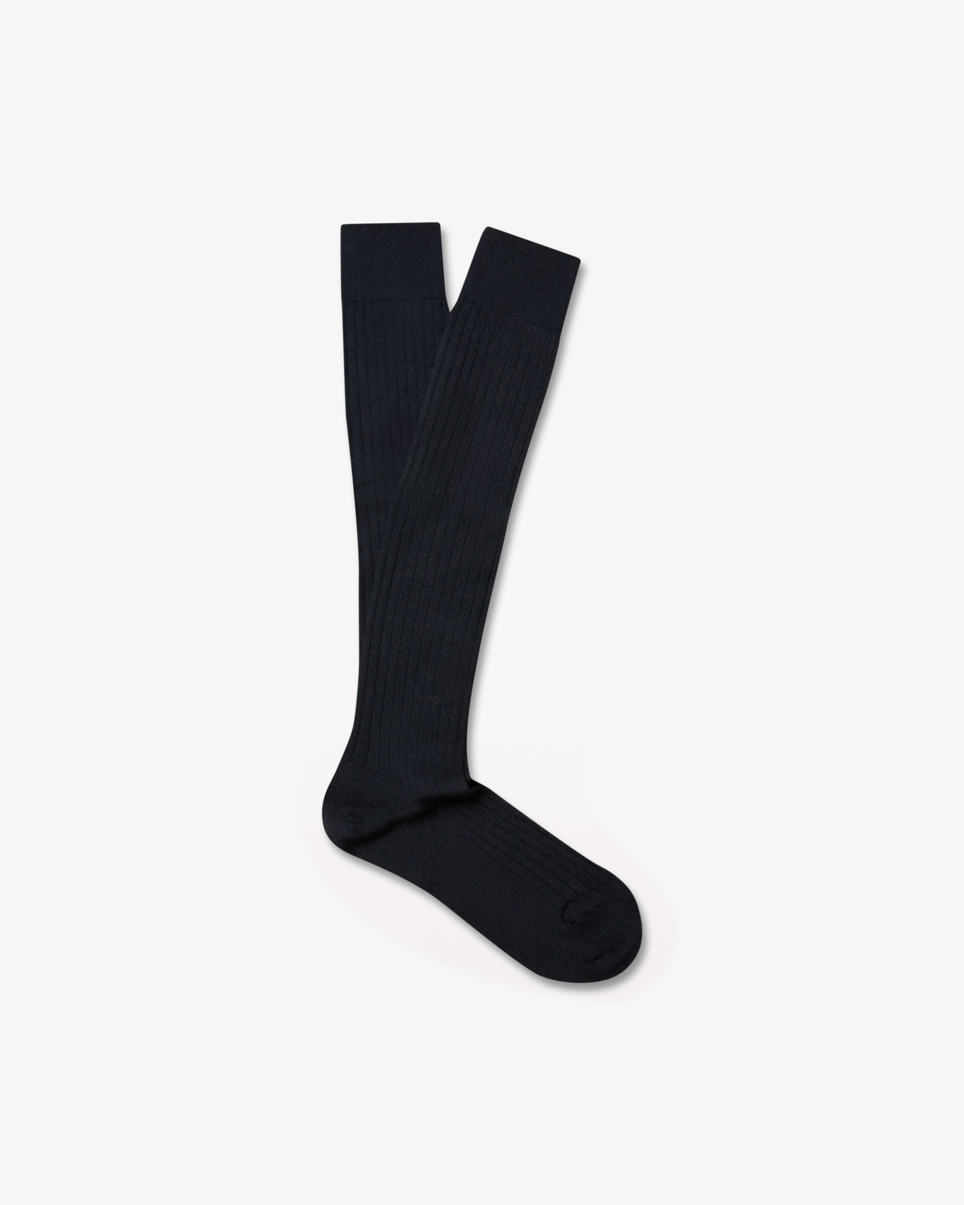 A pair of navy, ribbed Gustav – Knee-High Merino Socks laid flat on a white background.