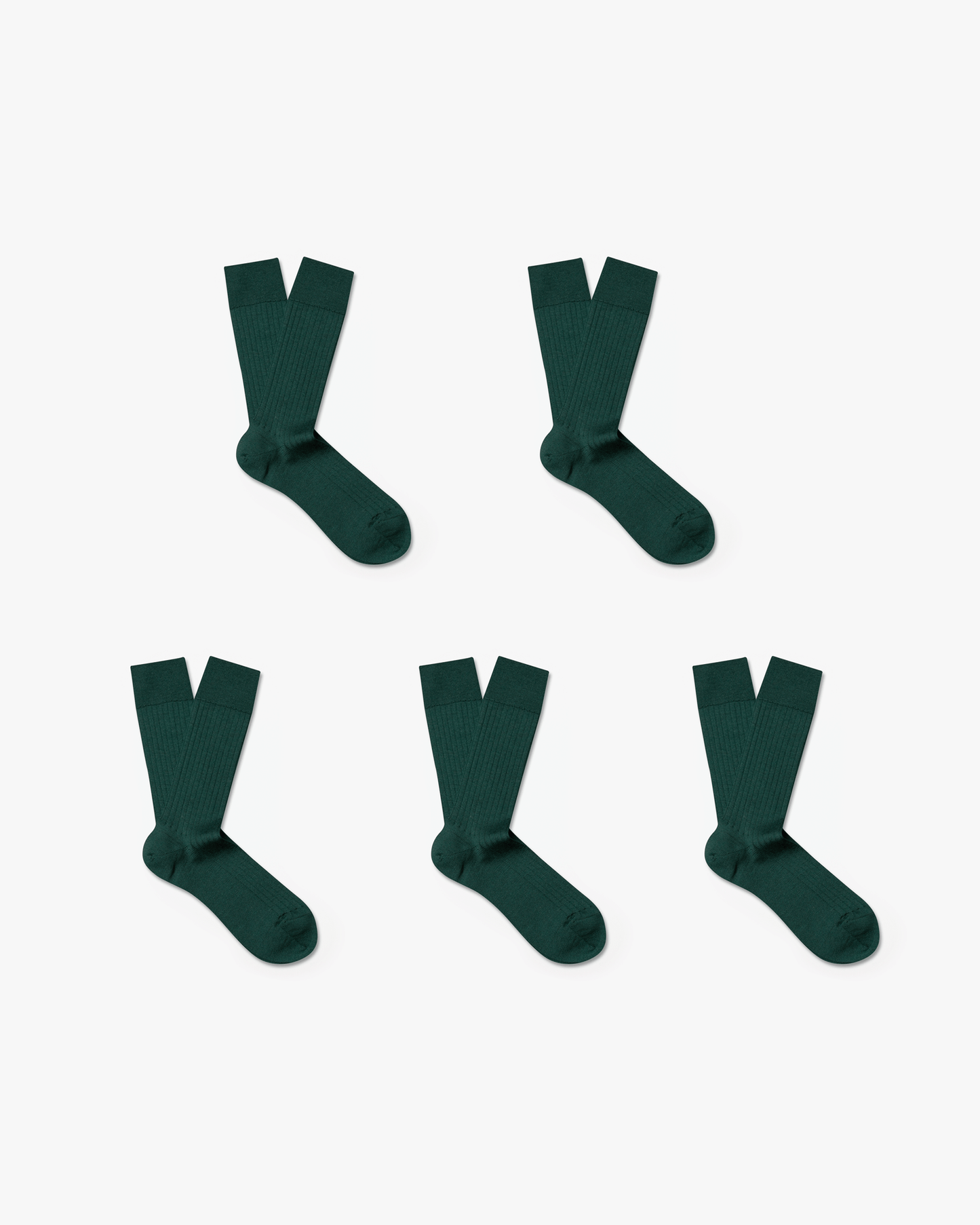 Five pairs of Ludvig merino wool socks in deep green, each with a ribbed, calf-high silhouette arranged neatly on a white background.