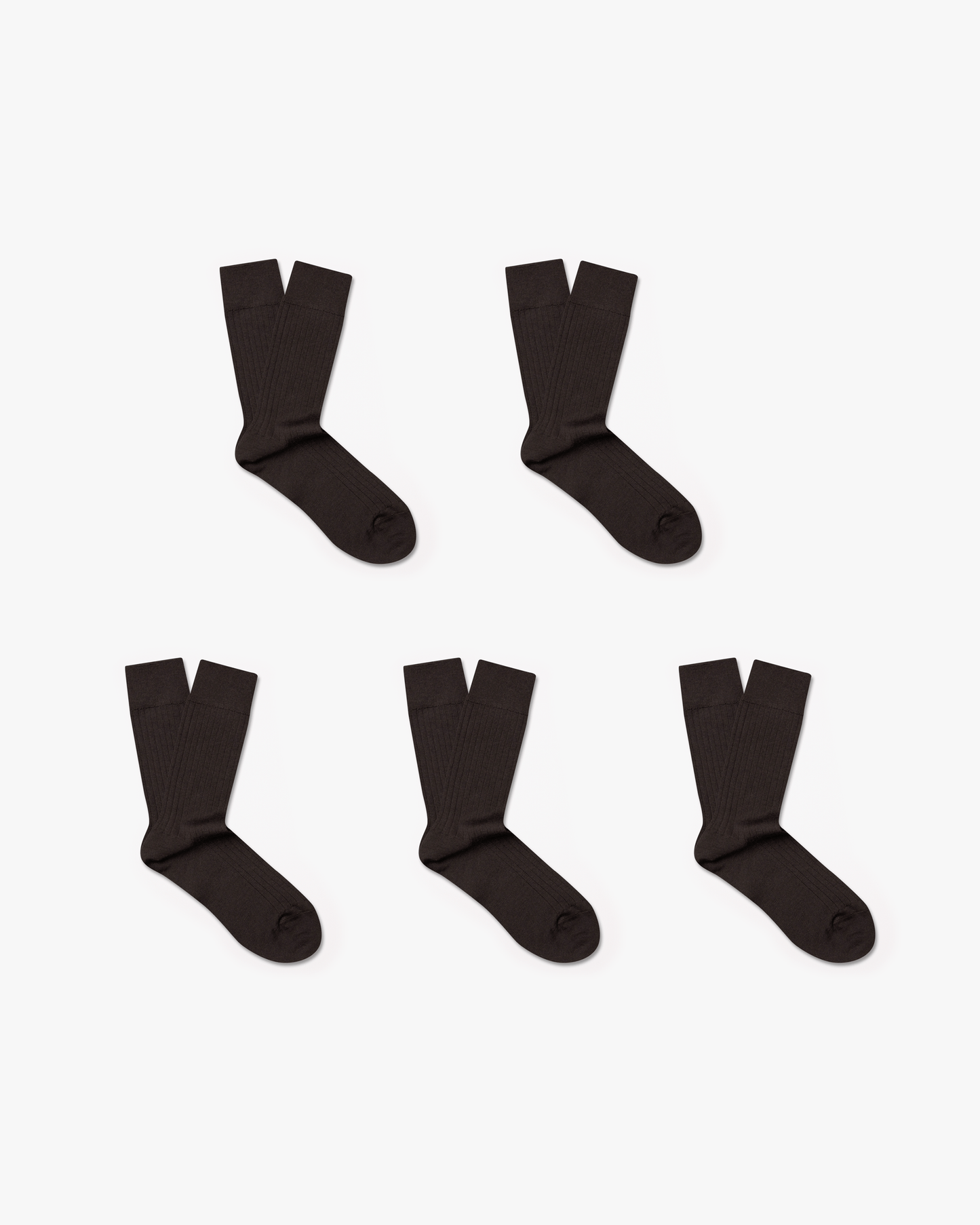 Five pairs of Ludvig merino wool socks in dark brown, each with a ribbed, calf-high design displayed in a uniform arrangement on a white background.