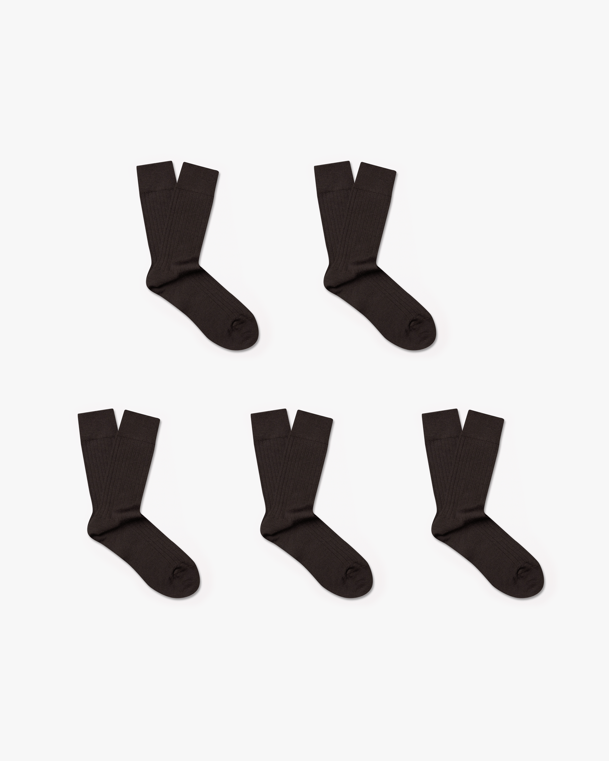 Five pairs of Ludvig merino wool socks in dark brown, each with a ribbed, calf-high design displayed in a uniform arrangement on a white background.