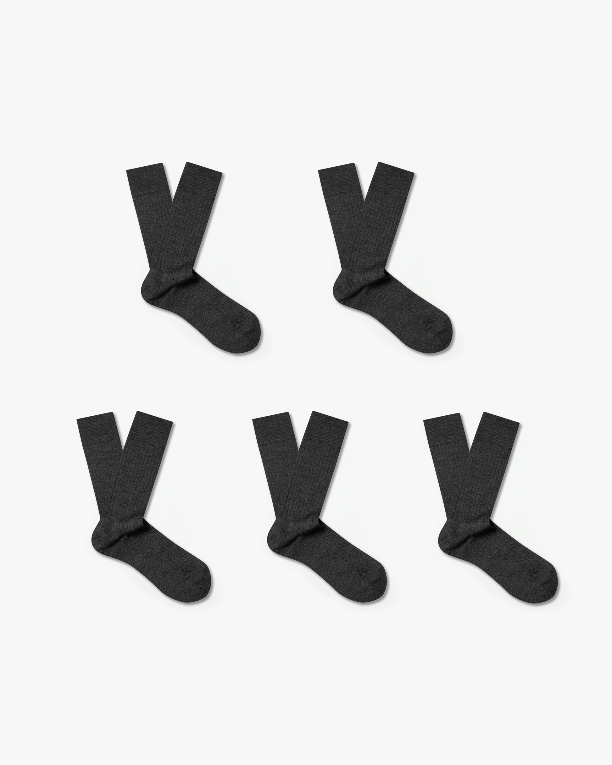 Five pairs of Ludvig merino wool socks in charcoal gray, each featuring a ribbed, calf-high design arranged neatly on a white background.