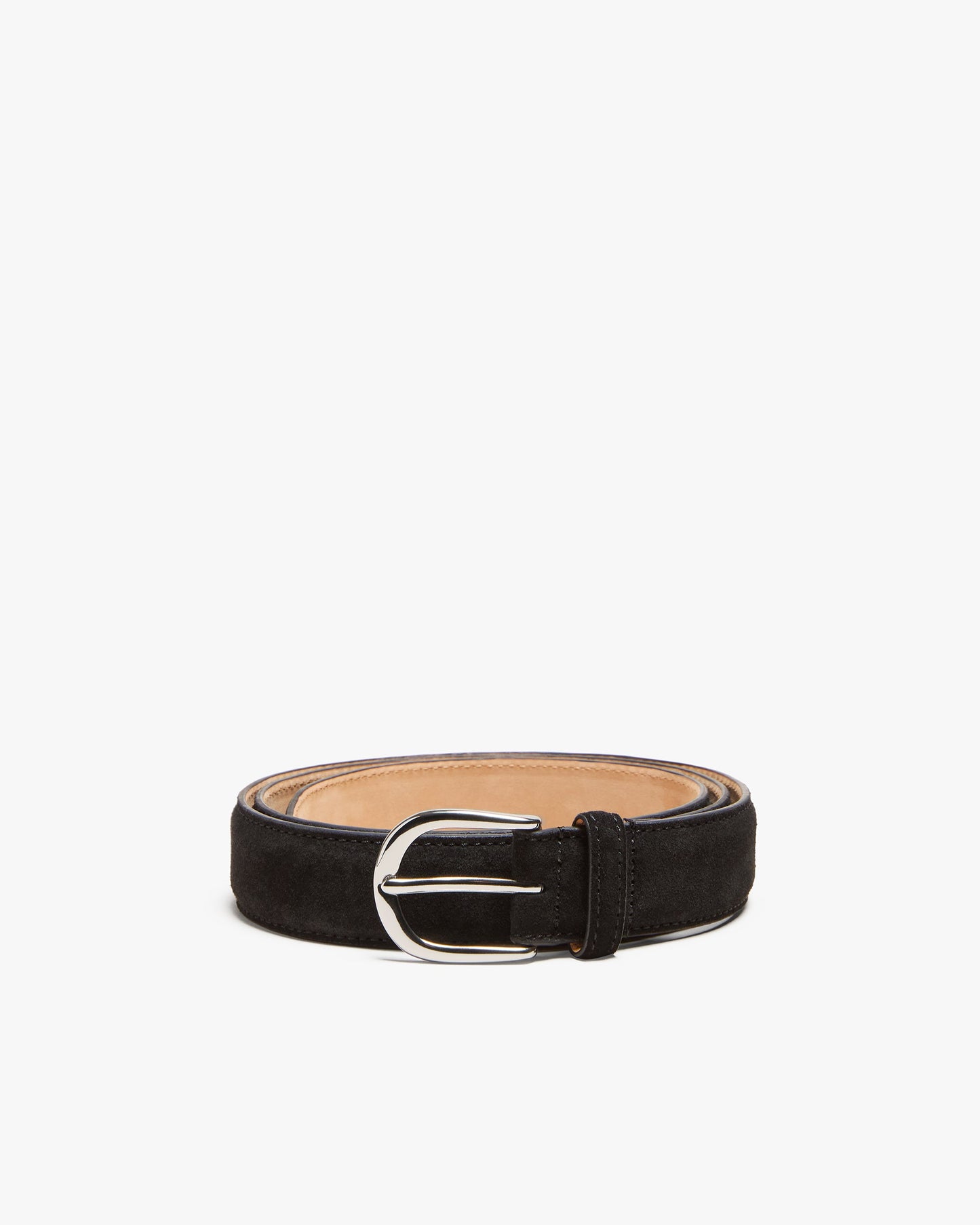 Belt in black suede with a round silver buckle, featuring a soft matte finish and precise stitching, coiled neatly to showcase its elegant Scandinavian design.