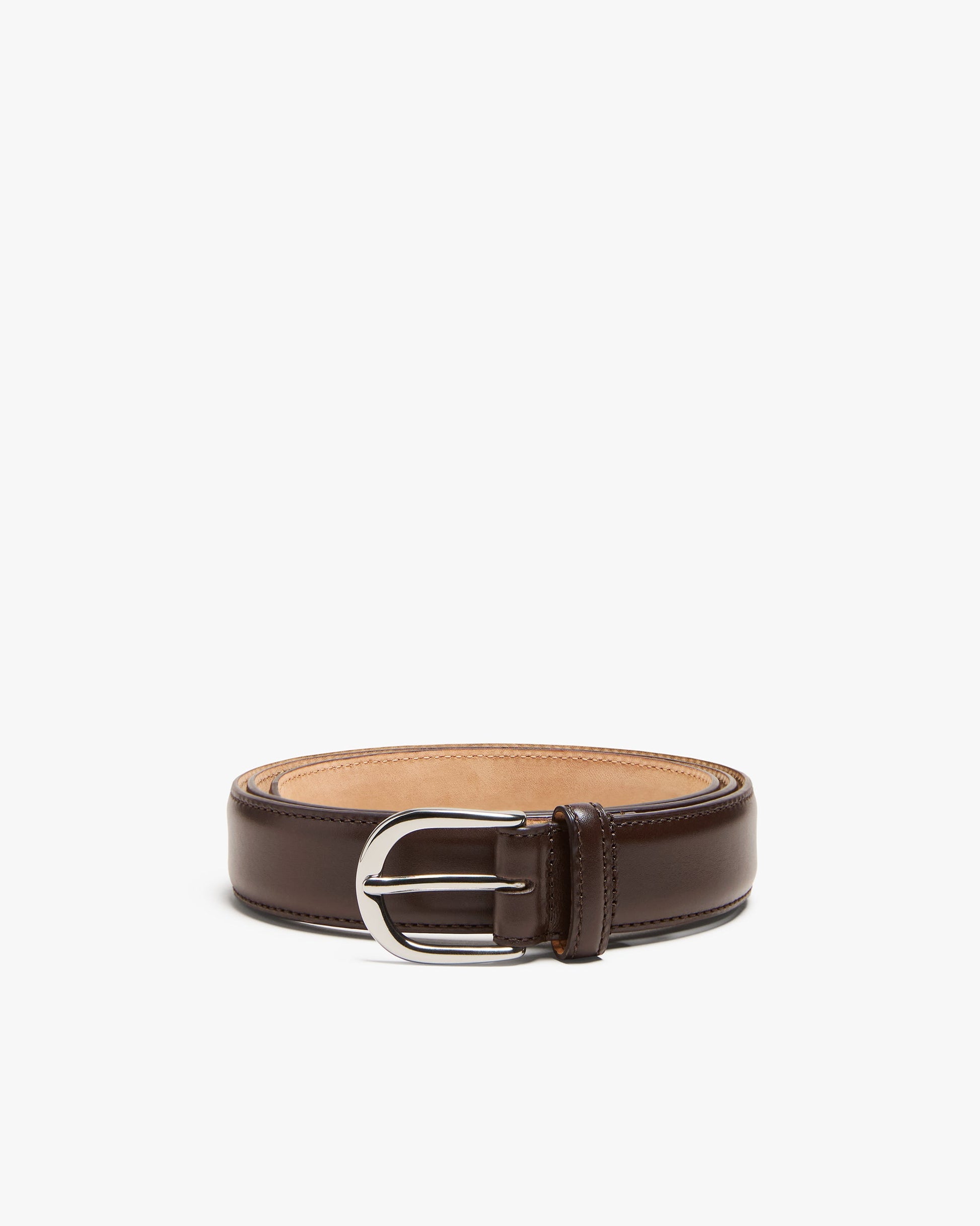 Dark brown leather belt for men with a polished round silver buckle, featuring even stitching and a softly contoured edge, displayed coiled on a white background.
