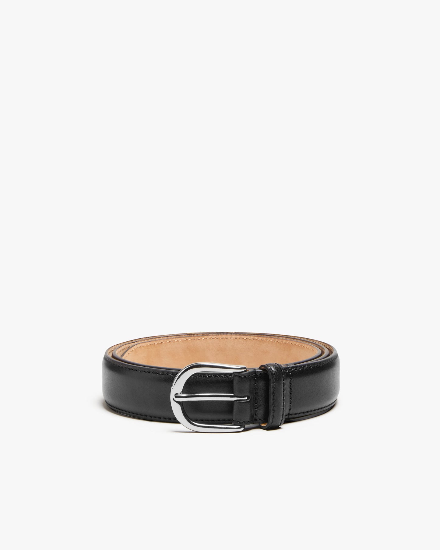 Black leather belt with a polished silver round buckle, featuring refined stitching and a smooth finish, styled for both formal and casual men's outfits.