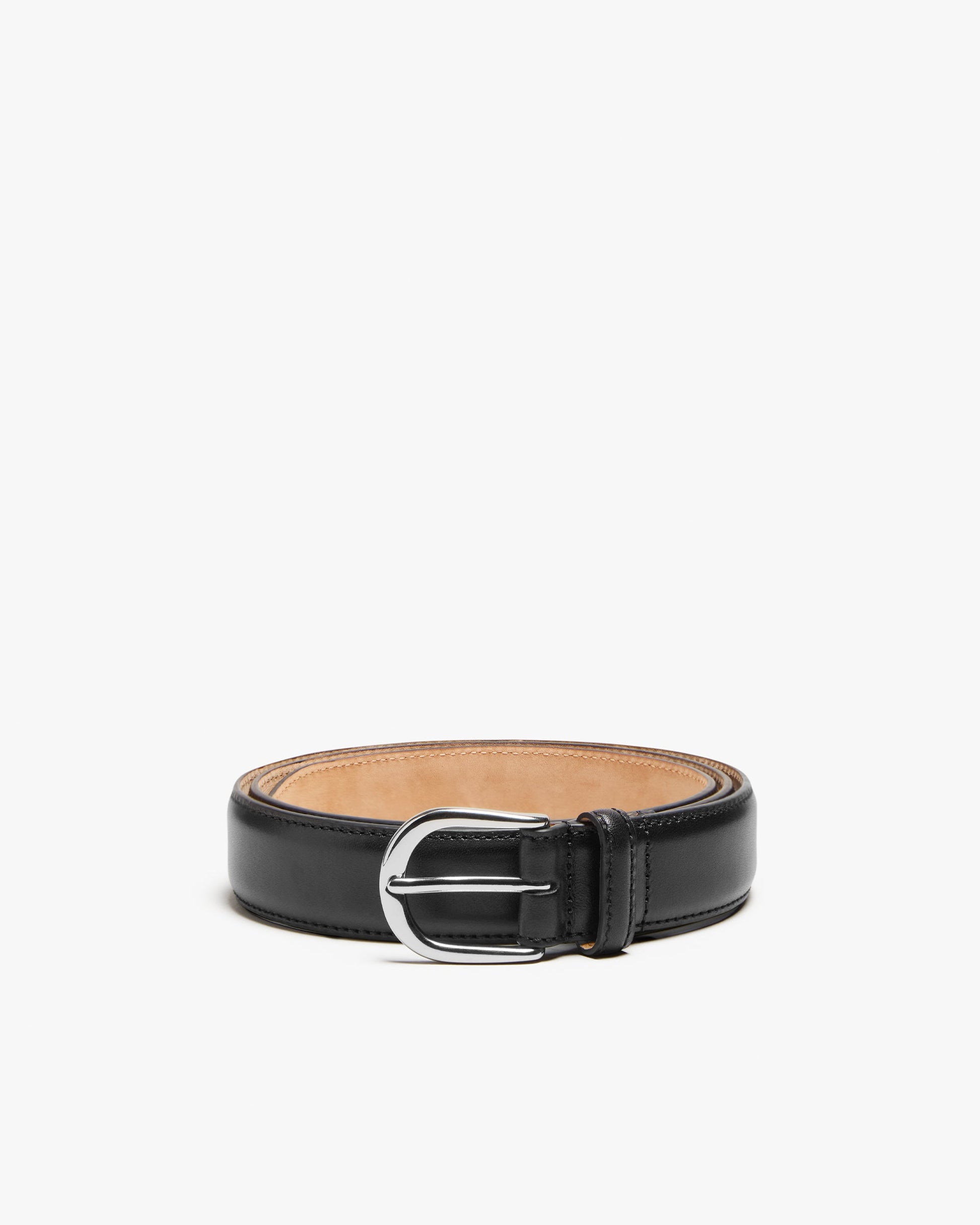 Black leather belt with a polished silver round buckle, featuring refined stitching and a smooth finish, styled for both formal and casual men's outfits.