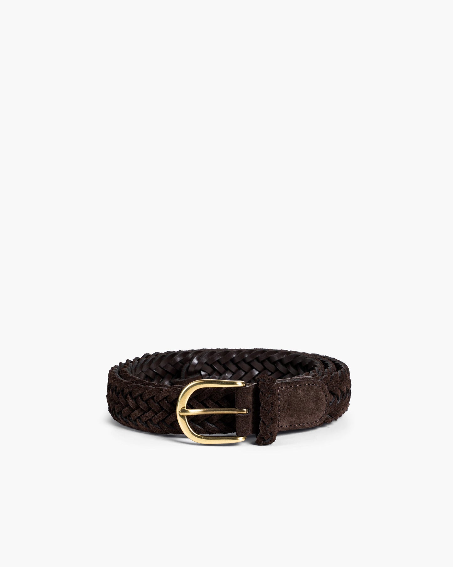 Braided Belt in dark brown suede featuring an intricate woven design and a gold-toned buckle, displayed coiled on a light background to highlight its rich texture and refined craftsmanship.