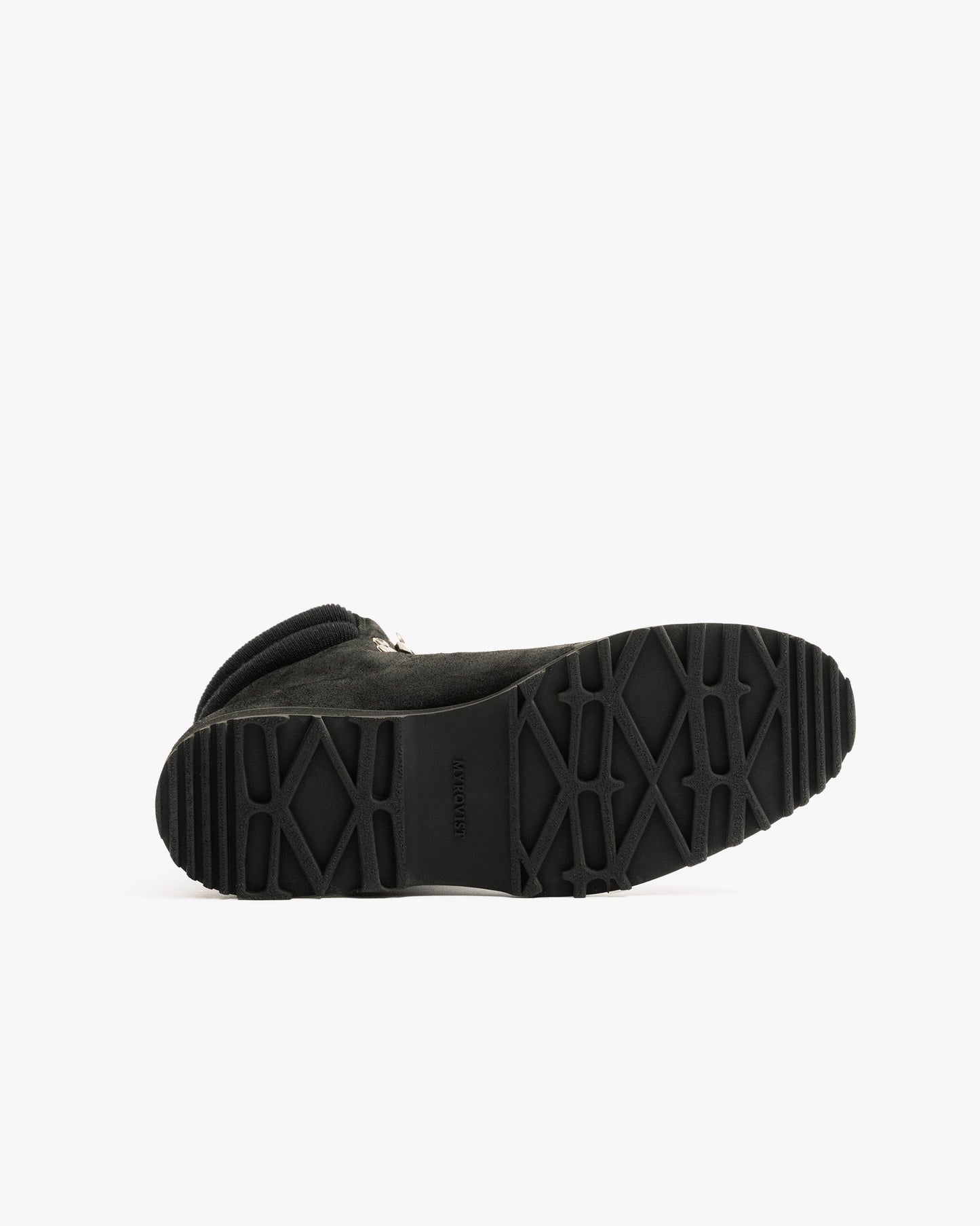 Duved in black waxed suede shown from the sole, highlighting the durable, textured hiking sole designed for traction and stability in both urban and outdoor environments.