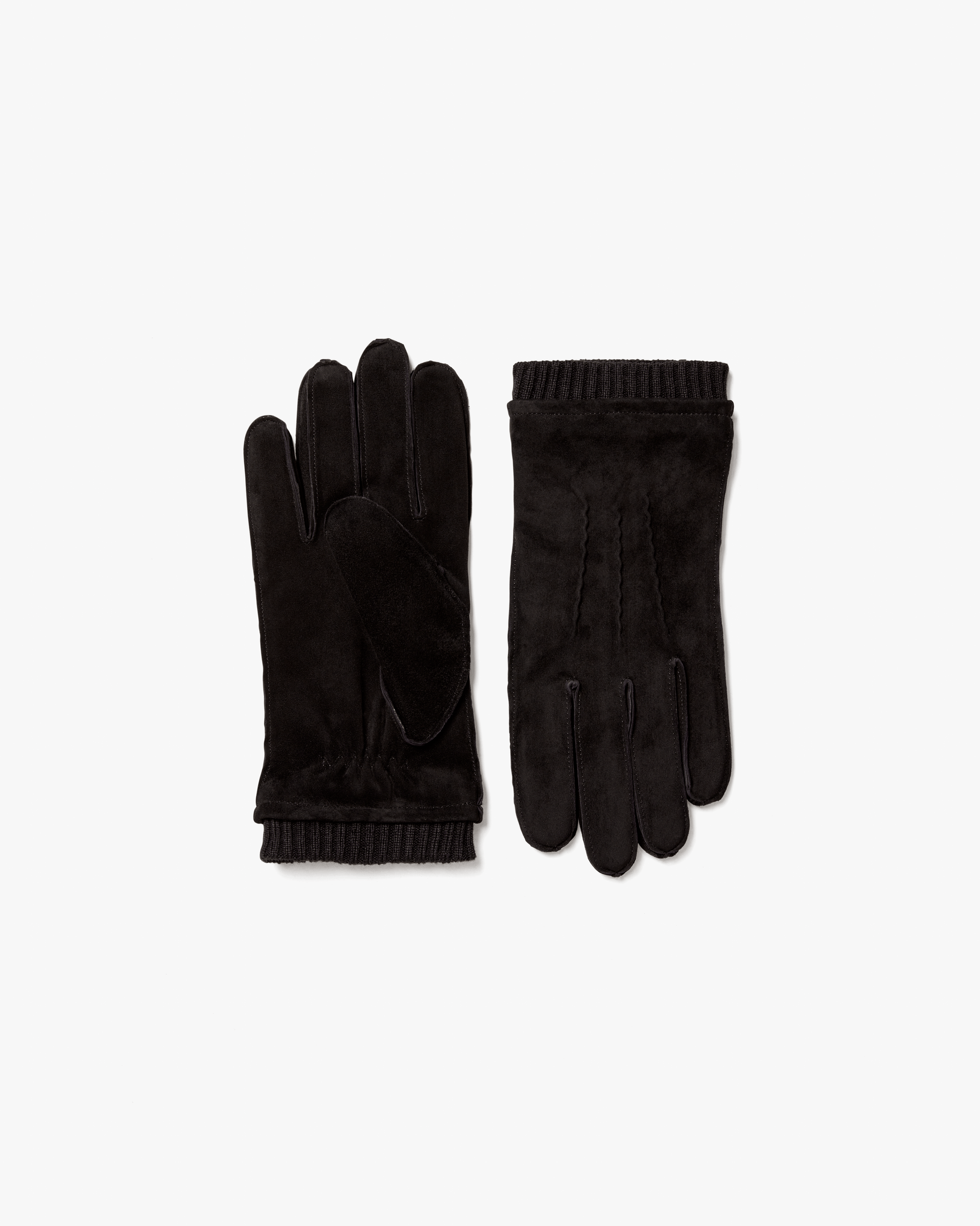 A pair of Gloves – Black Suede laid flat against a white background, one showing the palm and the other showing the back.