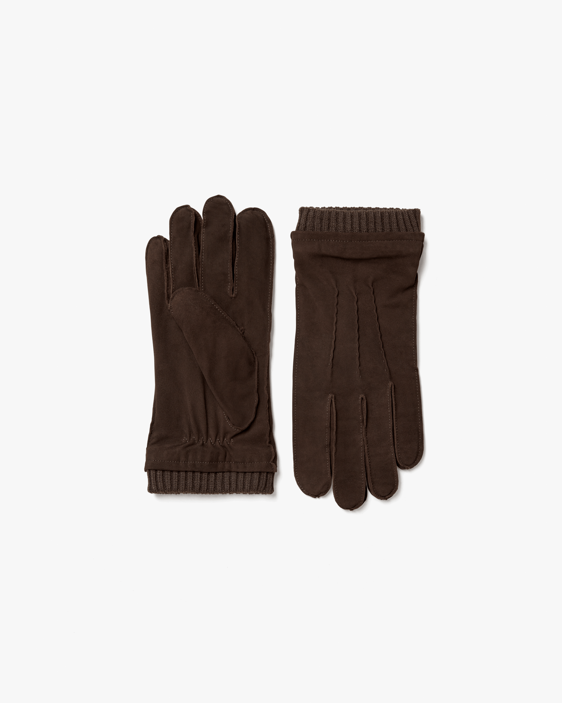 A pair of men's gloves in dark brown suede, featuring a soft matte finish, subtle stitching, and ribbed knitted cuffs for a secure fit, displayed flat on a white background.