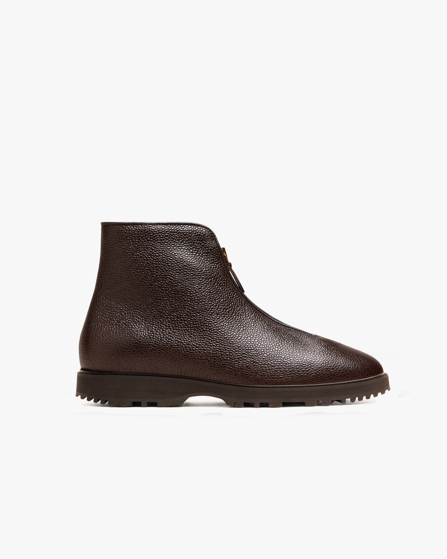 Side view of Funäs in dark brown country calf, showcasing its textured leather upper, central zipper with leather pull, and sturdy Explorer sole designed for grip and comfort.