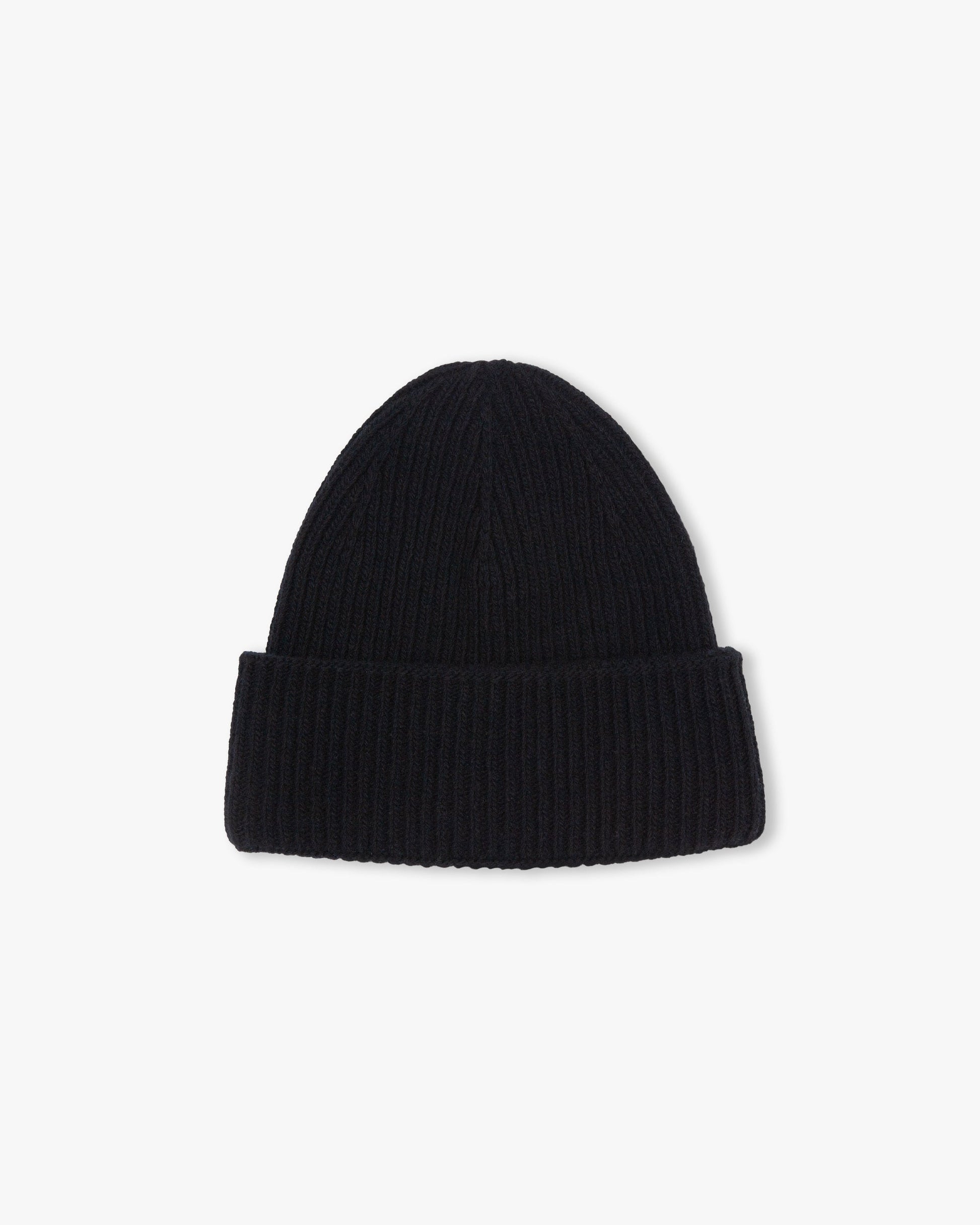 A ribbed knit Hat – Merino/Cashmere – Black, photographed against a simple white background.