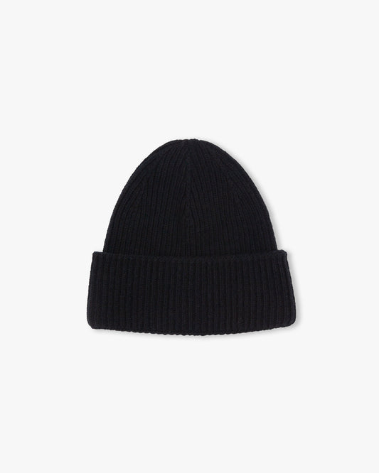 A ribbed knit Hat – Merino/Cashmere – Black, photographed against a simple white background.