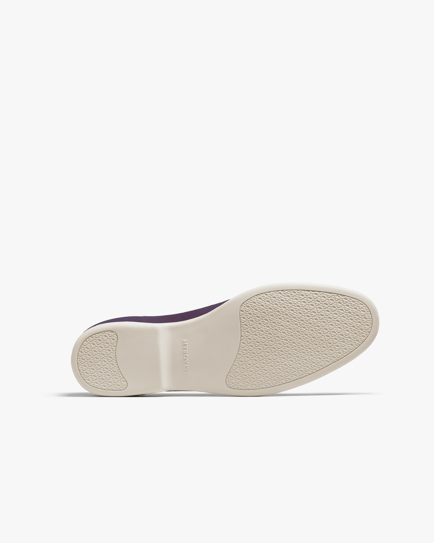 Brännö II in navy suede shown from the bottom, highlighting the textured white rubber sole with grip panels and the MYRQVIST logo embossed at the center.